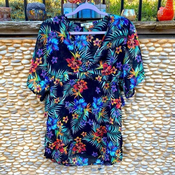 Miken Women's Tropical Printed Chiffon Dolman-Sleeve Dress Swim Cover-Up. XS EUC - Picture 3 of 7